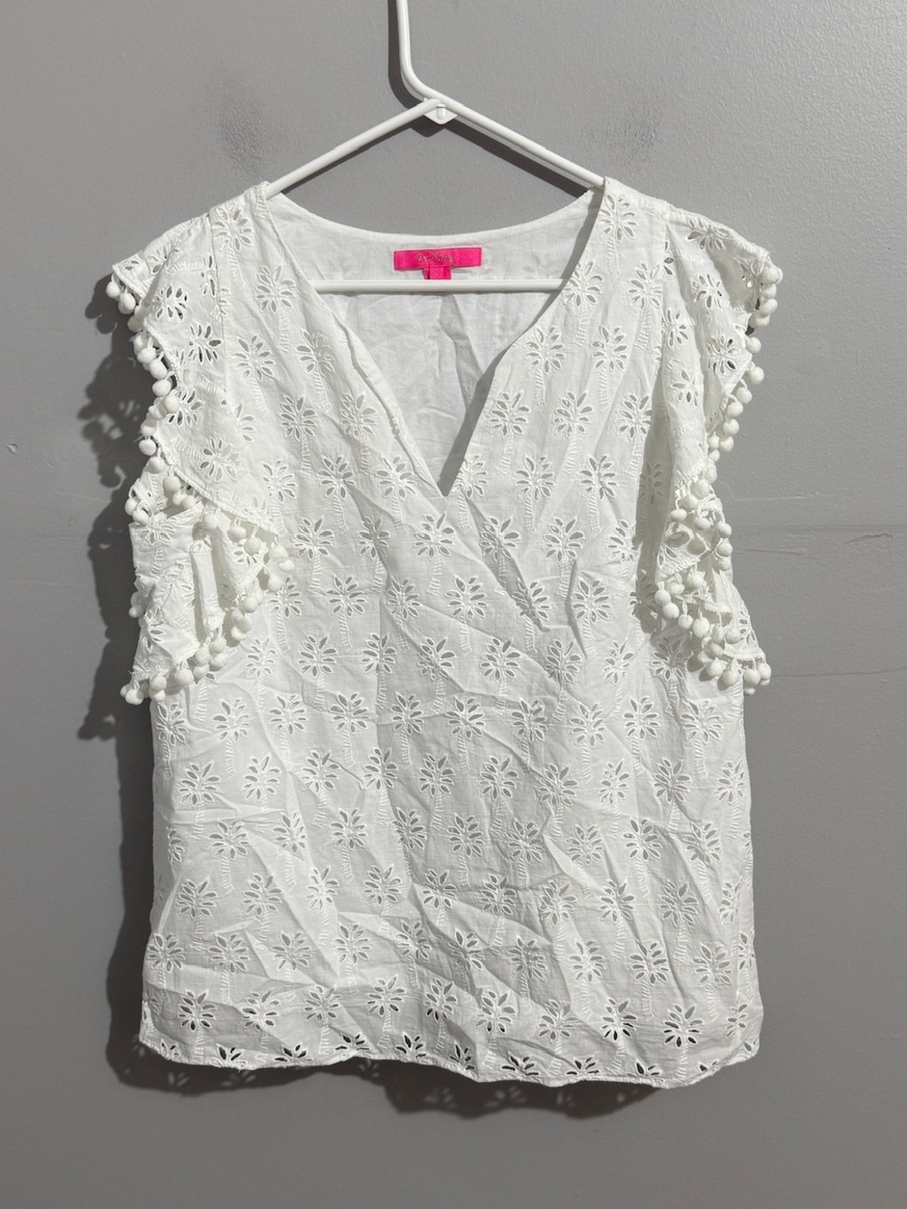 Lilly Pulitzer Top Womens Astara L Eyelet Pom Pom Flutter Sleeve V Neck Blouse